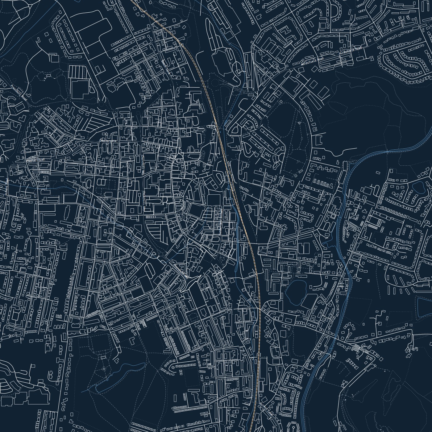 blackcat-blueprint — Prussian-blue ground, white drafting ink, hollow roads, labels on  ·  --labels