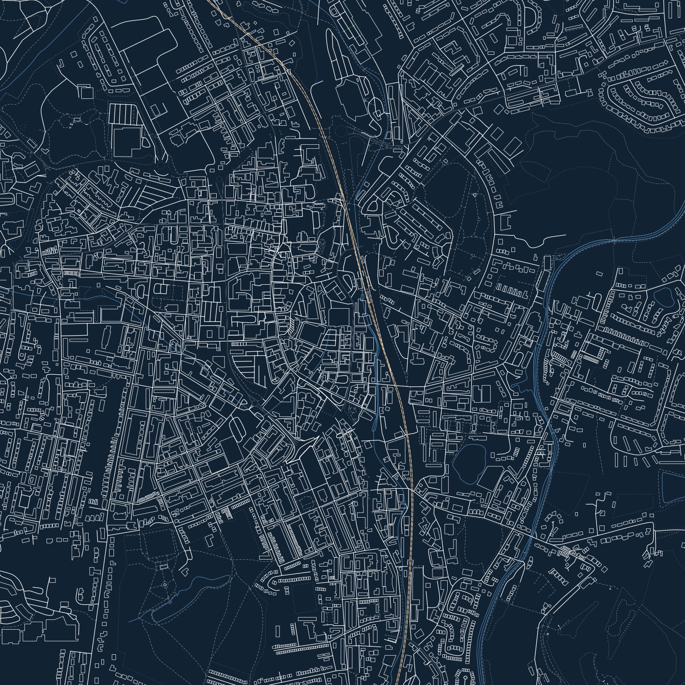 blackcat-blueprint — Prussian-blue ground, white drafting ink, hollow roads, labels on  ·  --no-labels