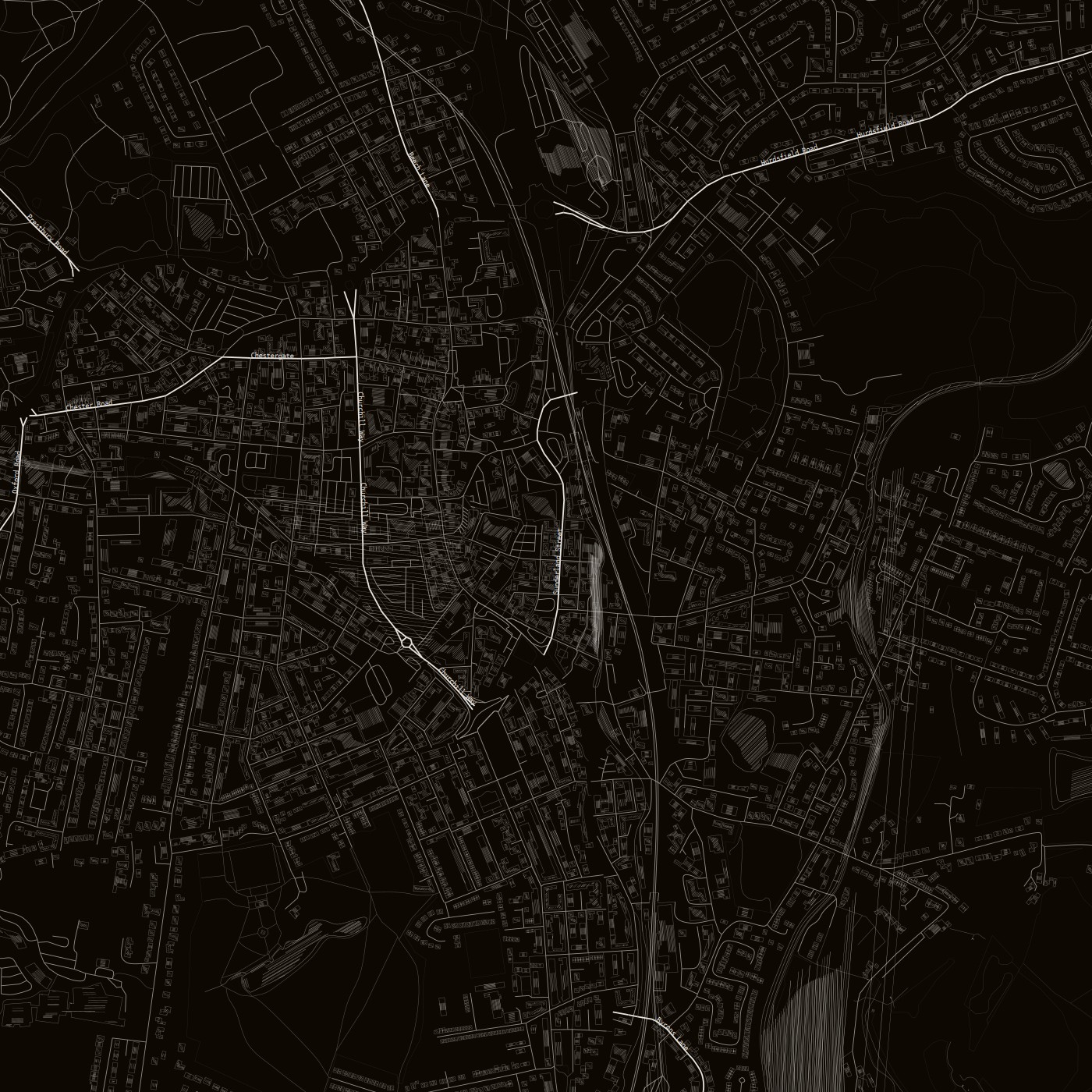 blackcat-mono-hachure — dark ground, hatched buildings and water, labels on  ·  --labels