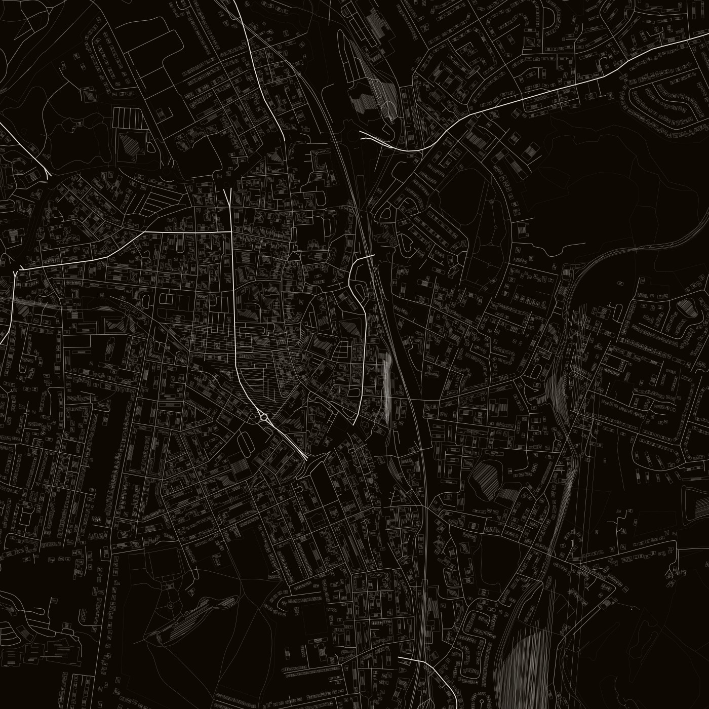 blackcat-mono-hachure — dark ground, hatched buildings and water, labels on  ·  --no-labels