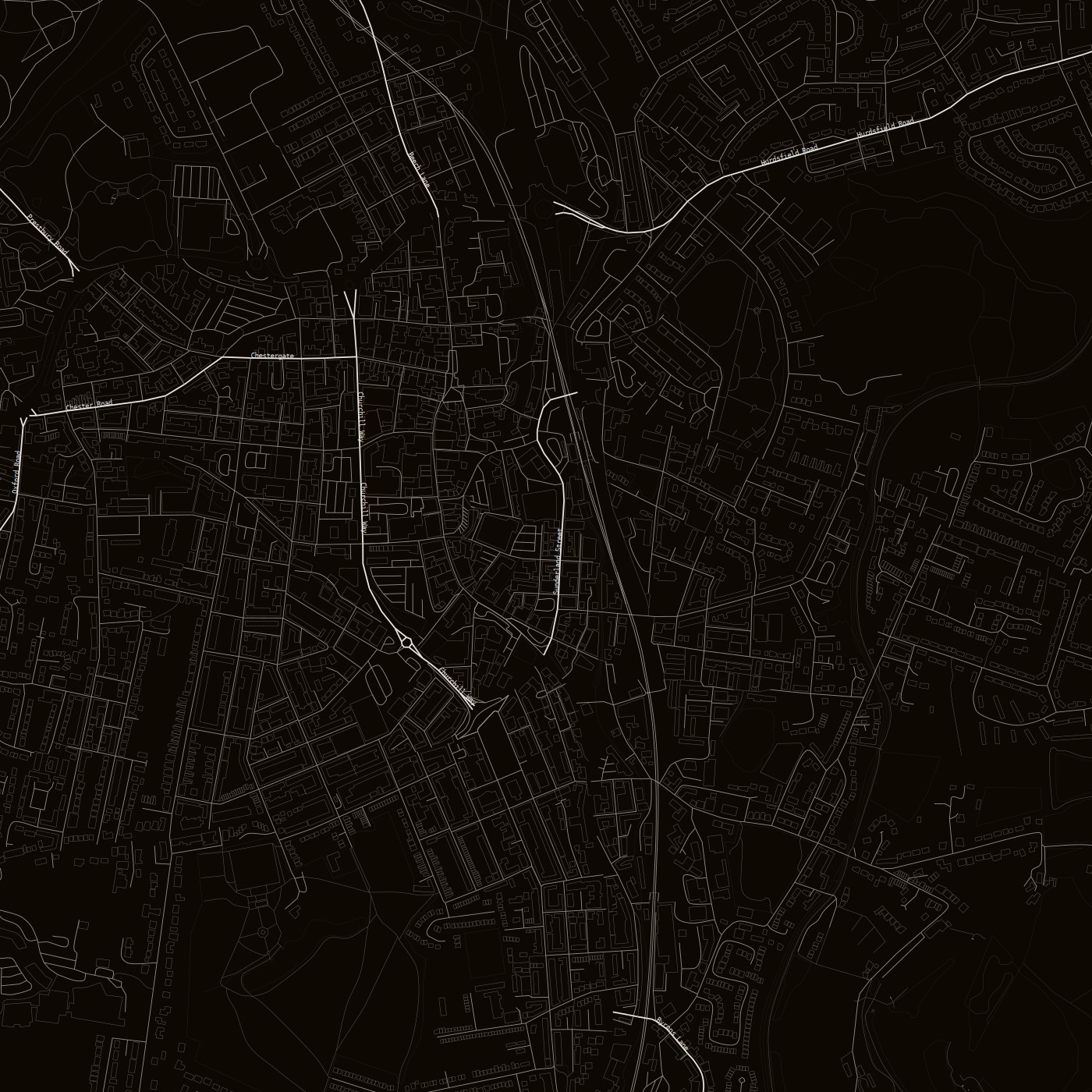 blackcat-mono — dark ground, outlined buildings, labels on  ·  --labels
