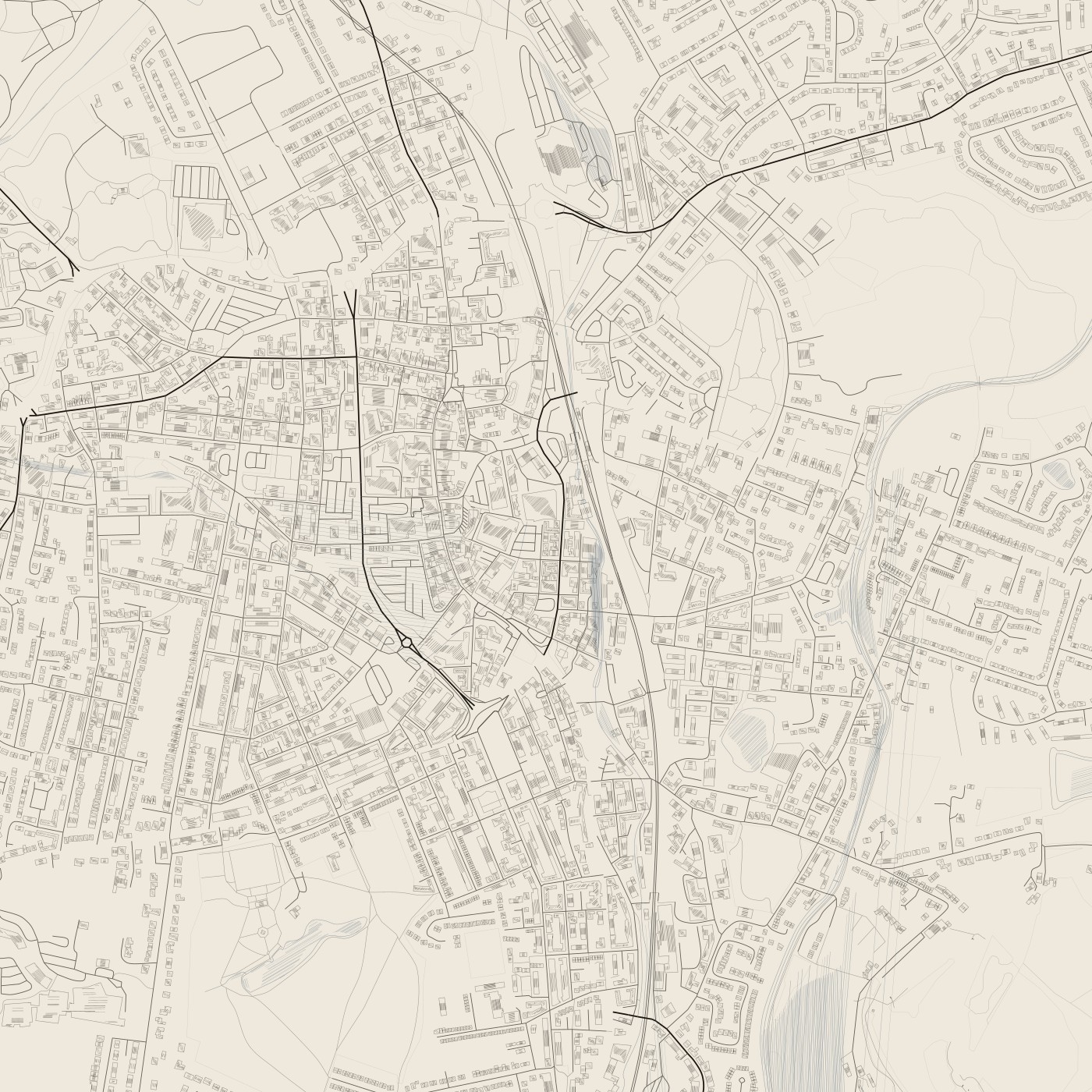 blackcat-paper-hachure — paper ground, hatched buildings and water, labels on  ·  --no-labels