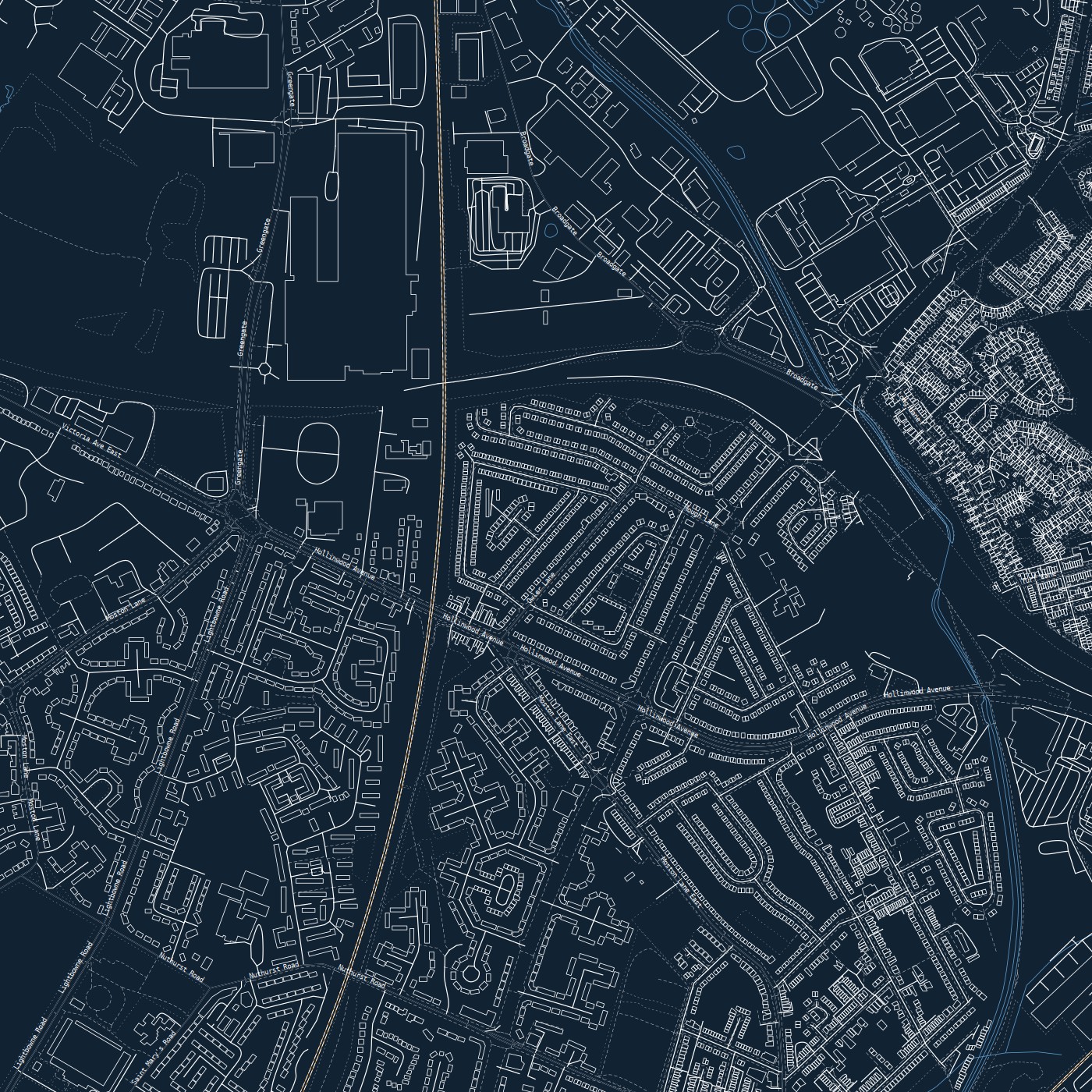 blackcat-blueprint — Prussian-blue ground, white drafting ink, hollow roads, labels on  ·  --labels