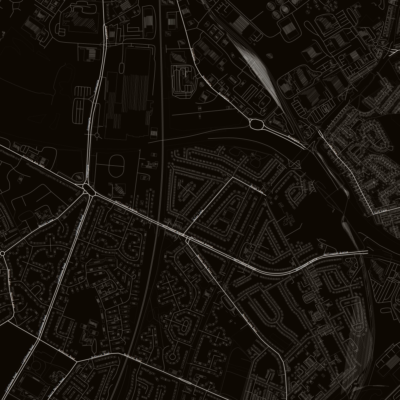 blackcat-mono-hachure — dark ground, hatched buildings and water, labels on  ·  --labels