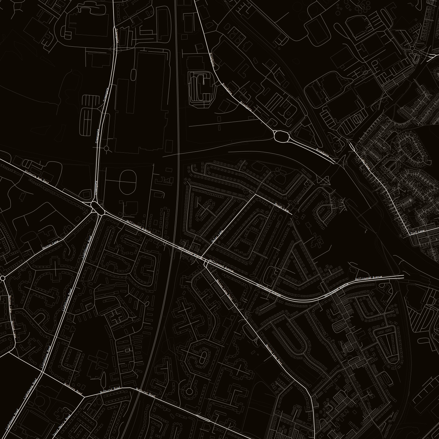 blackcat-mono — dark ground, outlined buildings, labels on  ·  --labels