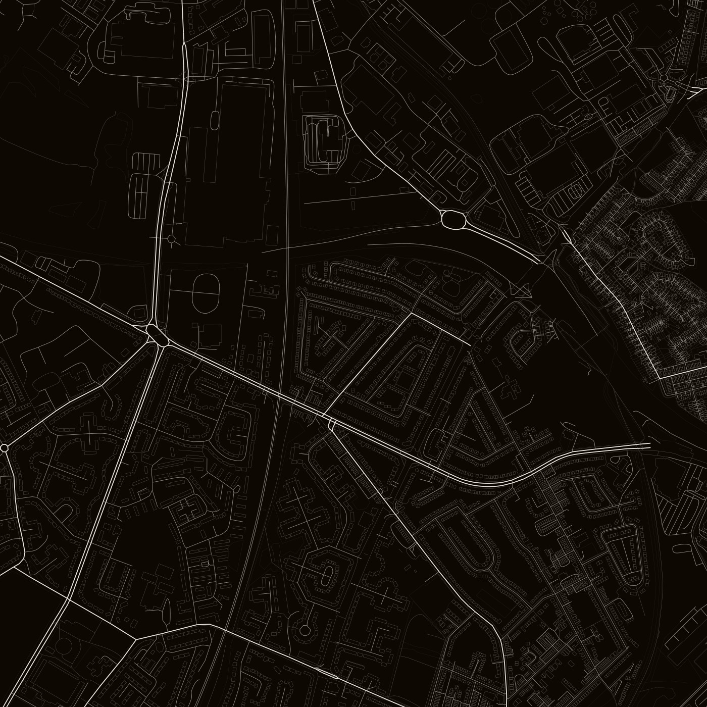blackcat-mono — dark ground, outlined buildings, labels on  ·  --no-labels
